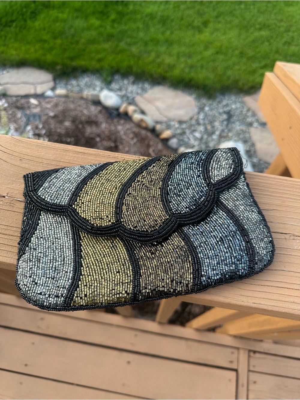 Beaded Metallic Wave Clutch – Gold, Silver, Black 9x5